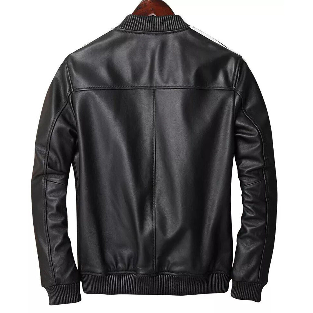 Men’s Lamb Leather Bomber Jacket – White Stripe Sleeve, Stretch Fit