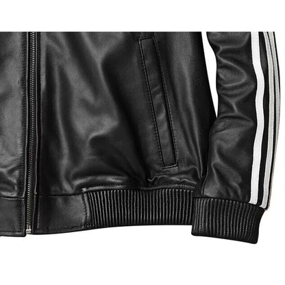 Men’s Lamb Leather Bomber Jacket – White Stripe Sleeve, Stretch Fit