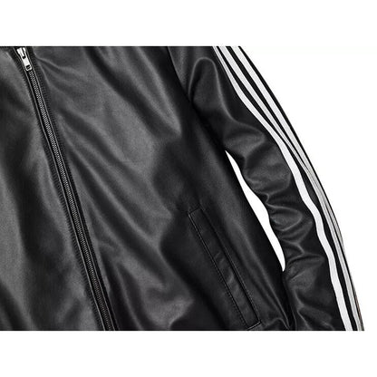 Men’s Lamb Leather Bomber Jacket – White Stripe Sleeve, Stretch Fit