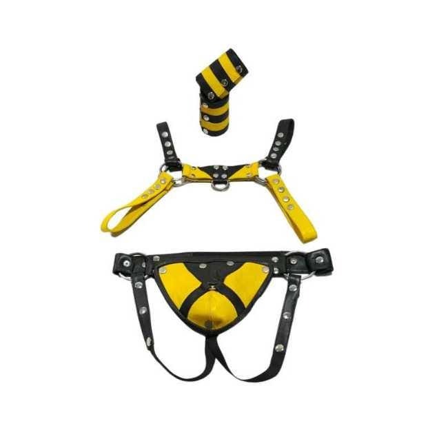 Men’s Leather Harness Jockstrap Wristbands Set – Adjustable Fit