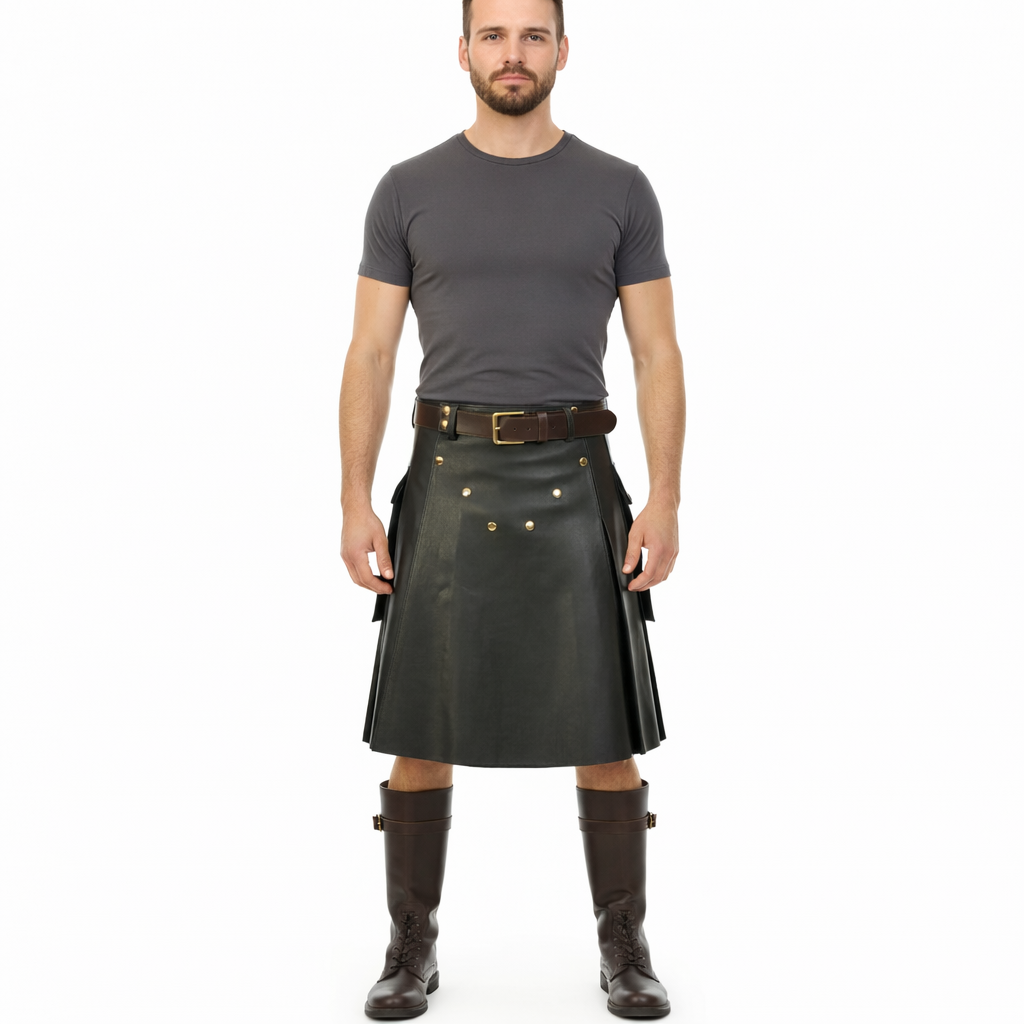 Men’s Black Leather Pleated Utility Kilt with Pockets