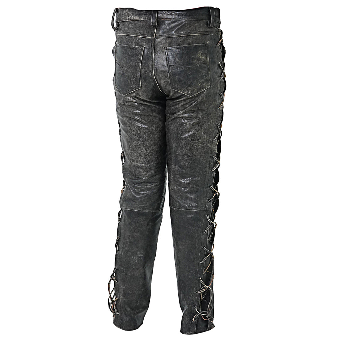 Men's Distressed Cowhide Leather Lace-Up Biker Pants