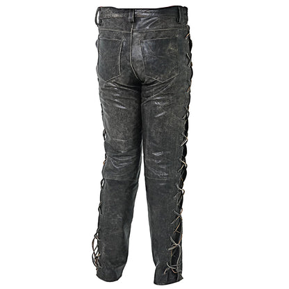 Men's Distressed Cowhide Leather Lace-Up Biker Pants