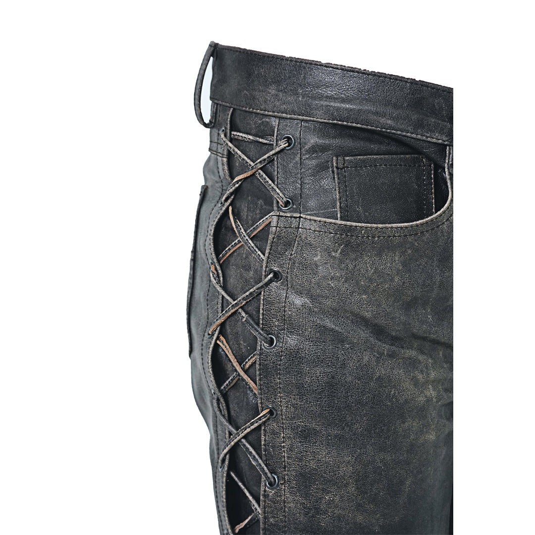 Men's Distressed Cowhide Leather Lace-Up Biker Pants