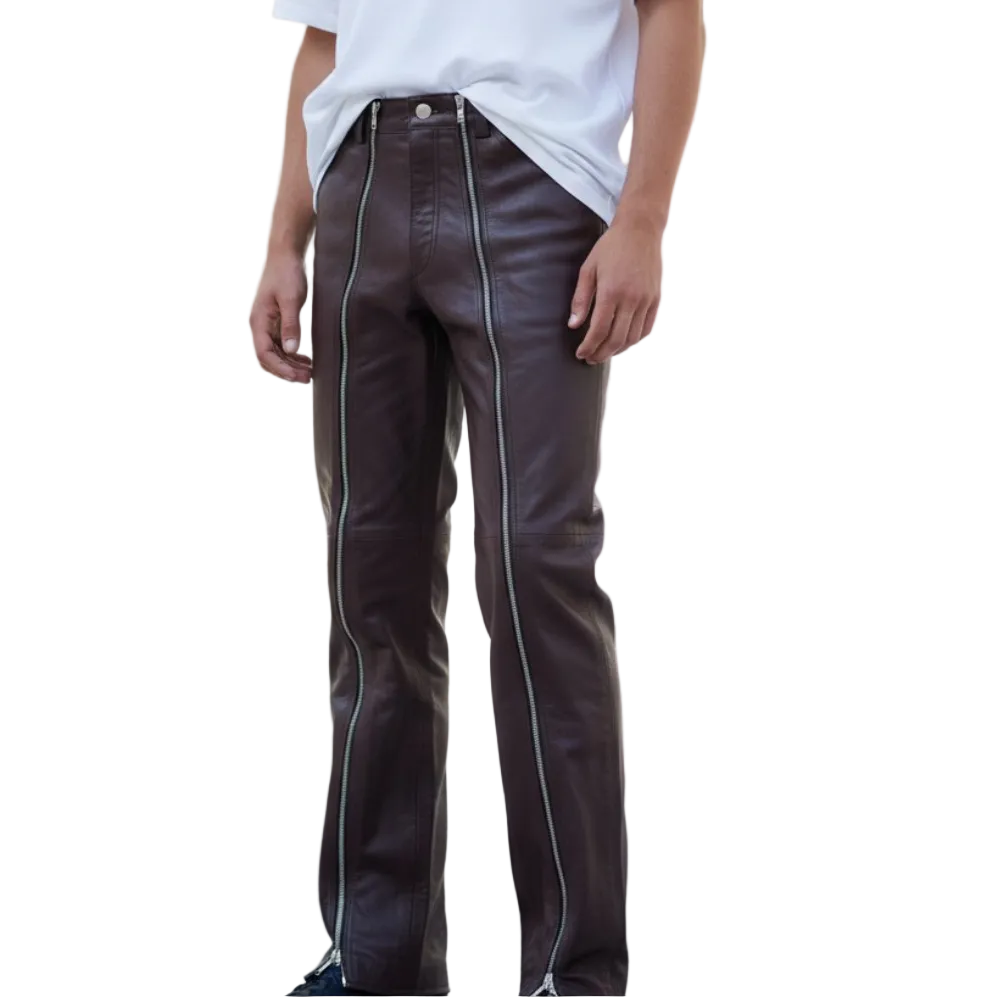 Men’s Brown Slim Fit Cow Leather Pants with Full Length Front Zippers