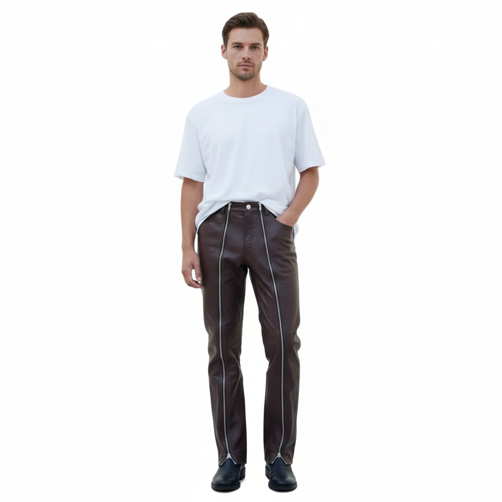 Men’s Brown Slim Fit Cow Leather Pants with Full Length Front Zippers