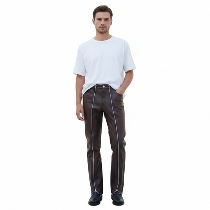 Men’s Brown Slim Fit Cow Leather Pants with Full Length Front Zippers