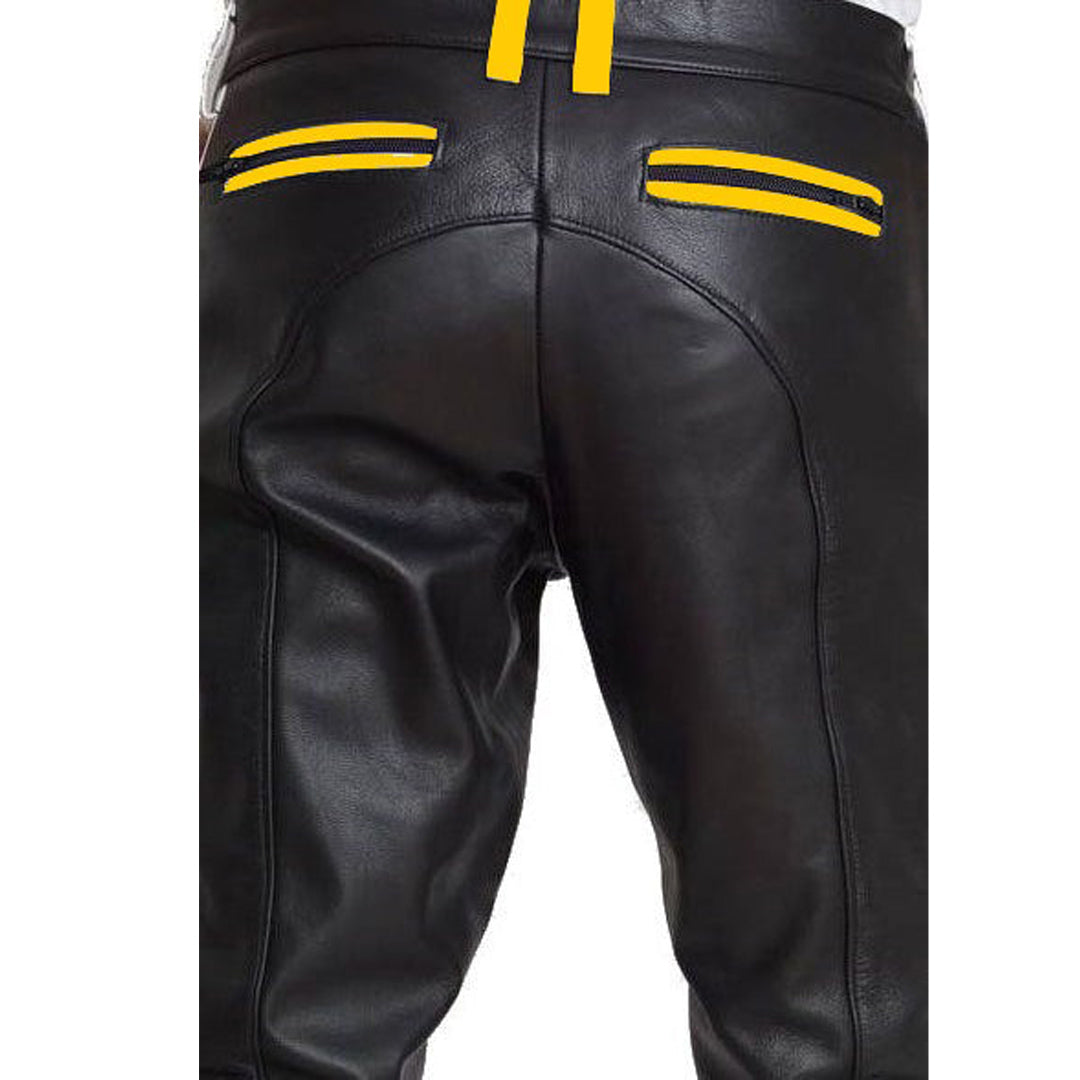 Men’s Cowhide Leather Biker Pants with Color Stripes & Piping