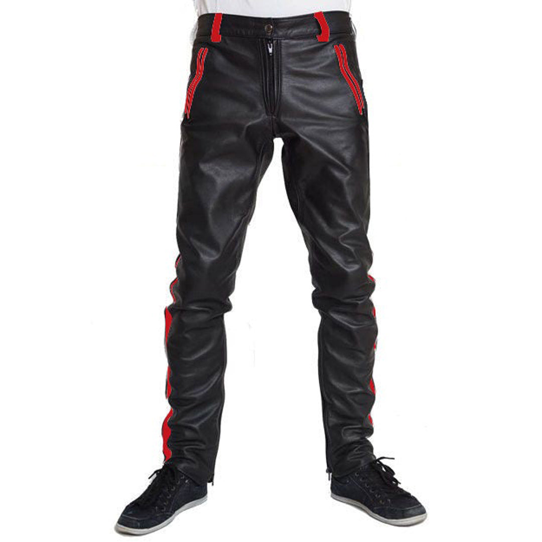 Men’s Cowhide Leather Biker Pants with Color Stripes & Piping