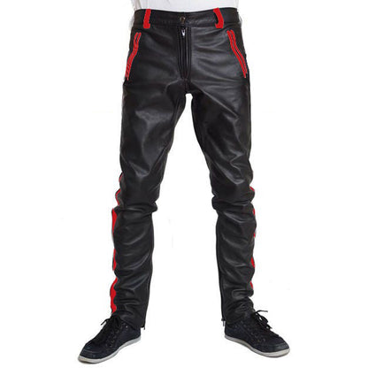 Men’s Cowhide Leather Biker Pants with Color Stripes & Piping