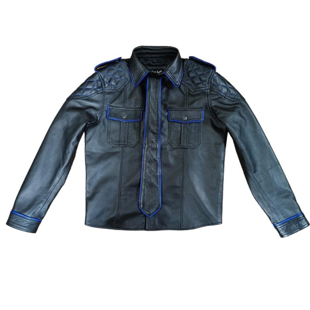 Men’s Full Sleeve Quilted Leather Police Shirt & Tie – BLUF Lambskin Set