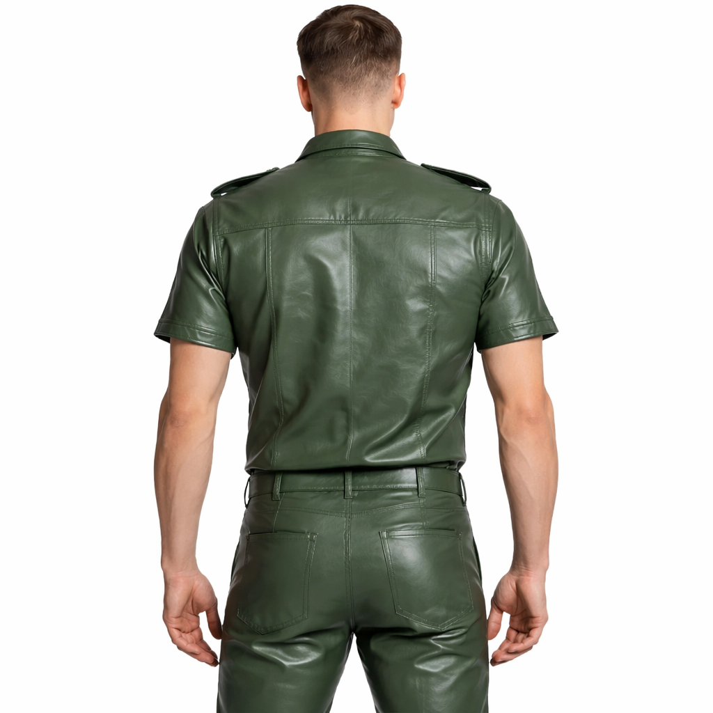 Men's Lamb Leather Police Shirt with Tie – Green with Black Piping