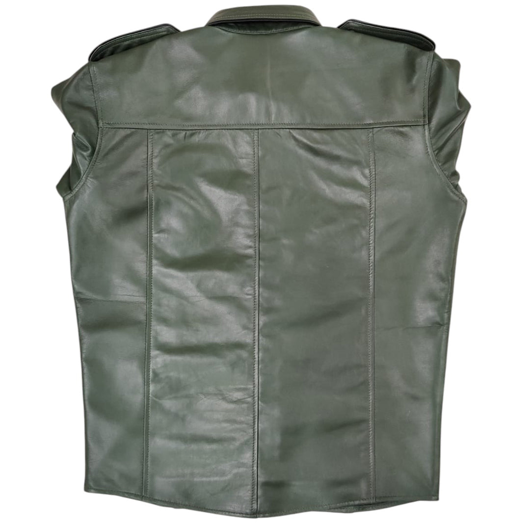 Men's Lamb Leather Police Shirt with Tie – Green with Black Piping