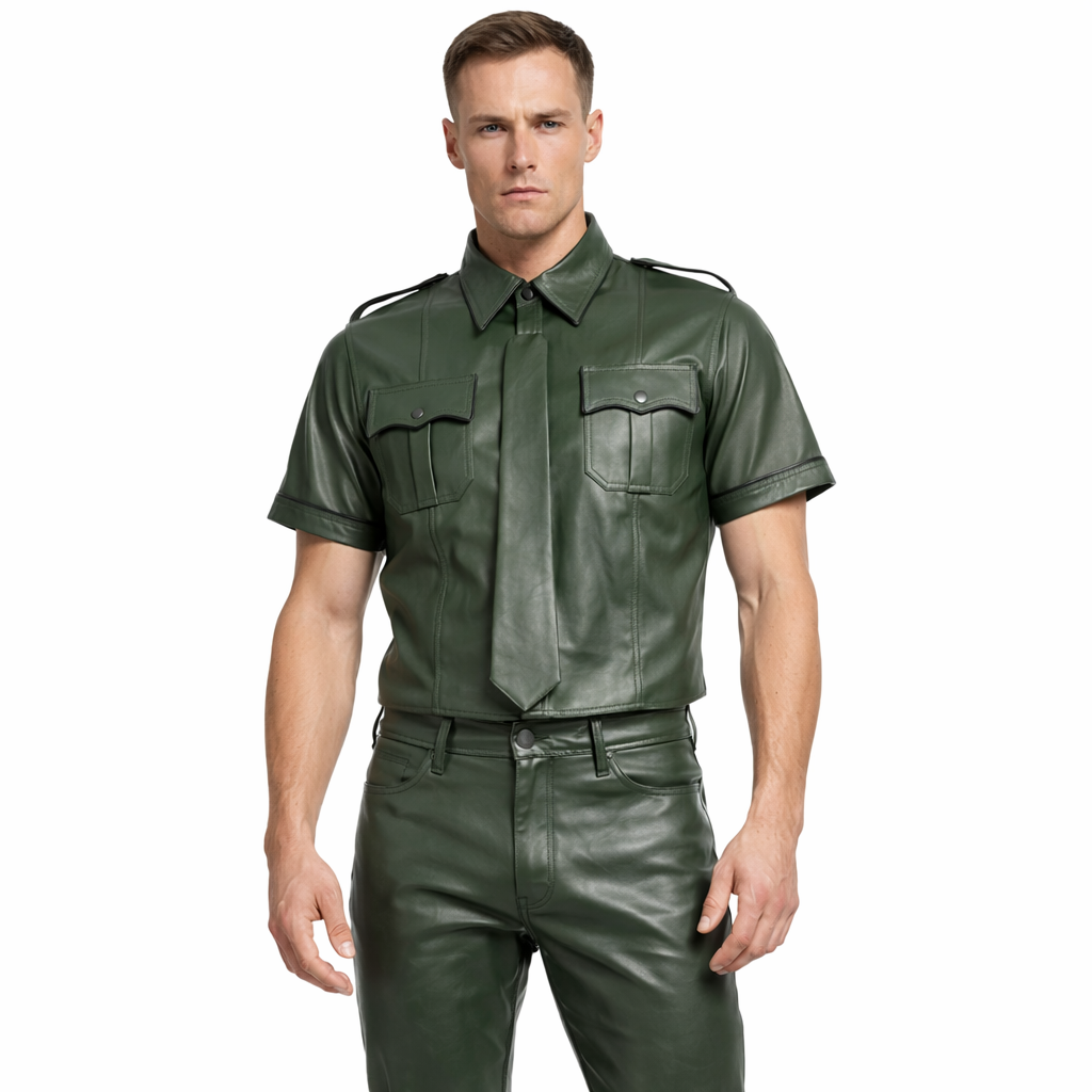 Men's Lamb Leather Police Shirt with Tie – Green with Black Piping