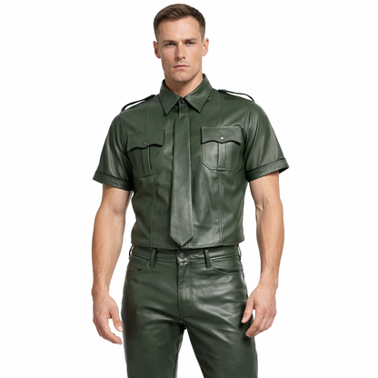 Men's Lamb Leather Police Shirt with Tie – Green with Black Piping