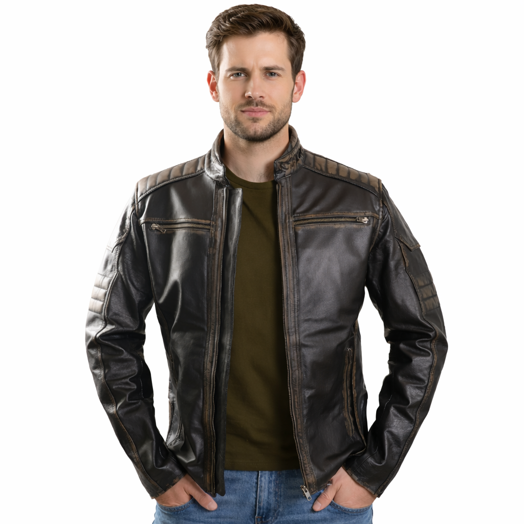 Men's Distressed Leather Biker Jacket with Quilted Panels & Embossed Skull