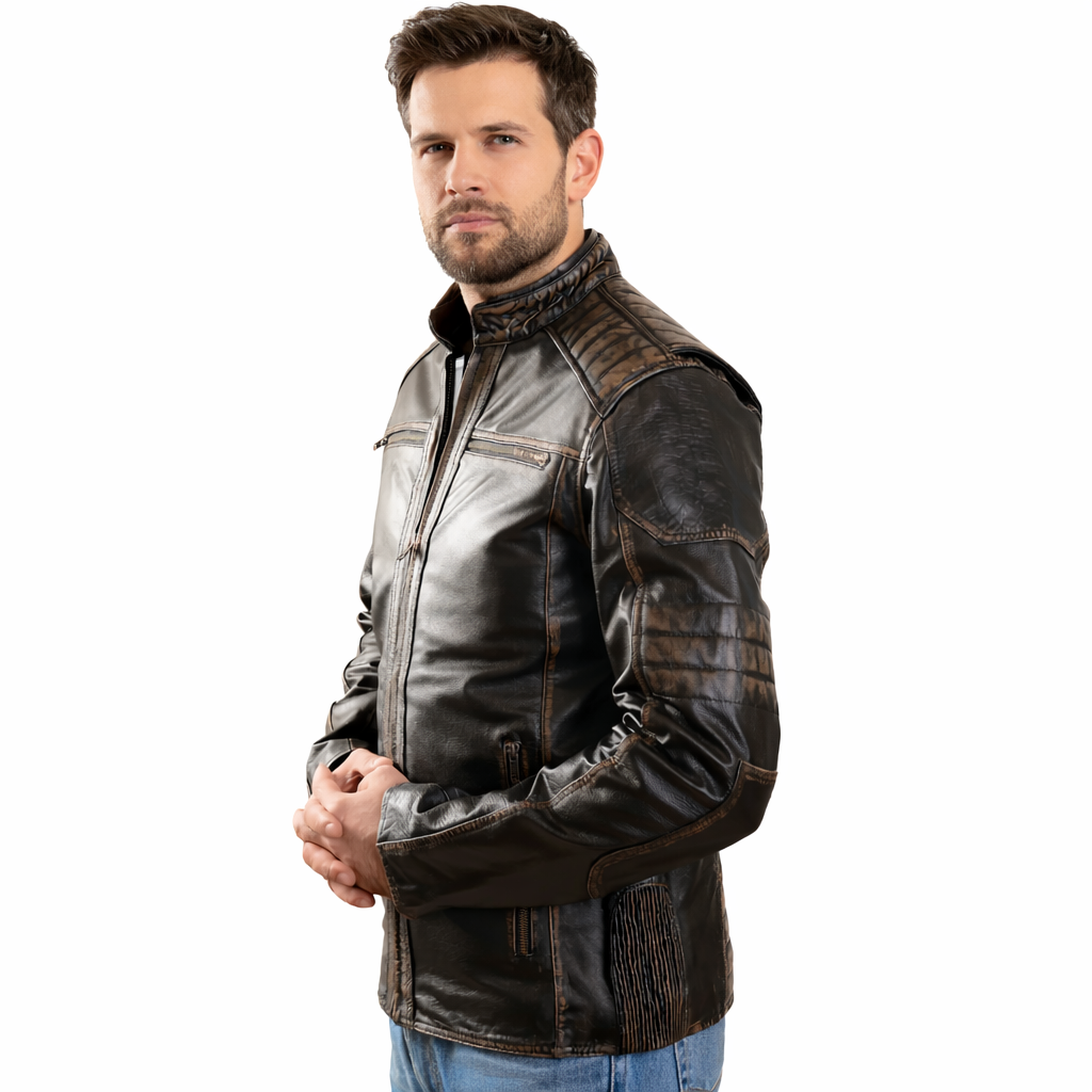 Men's Distressed Leather Biker Jacket with Quilted Panels & Embossed Skull