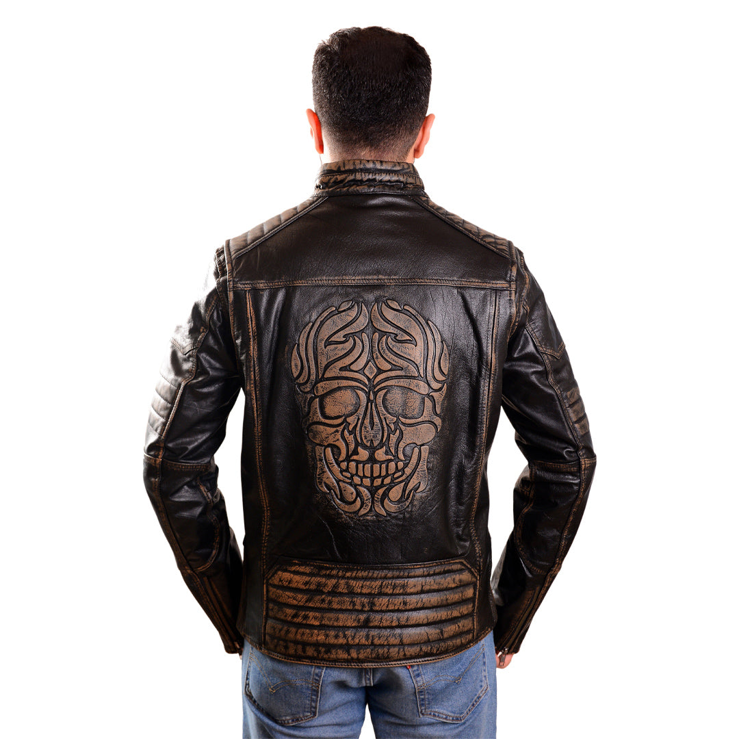 Men's Distressed Leather Biker Jacket with Quilted Panels & Embossed Skull