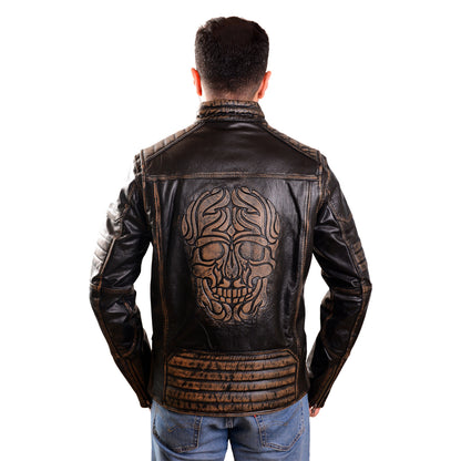 Men's Distressed Leather Biker Jacket with Quilted Panels & Embossed Skull