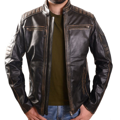 Men's Distressed Leather Biker Jacket with Quilted Panels & Embossed Skull