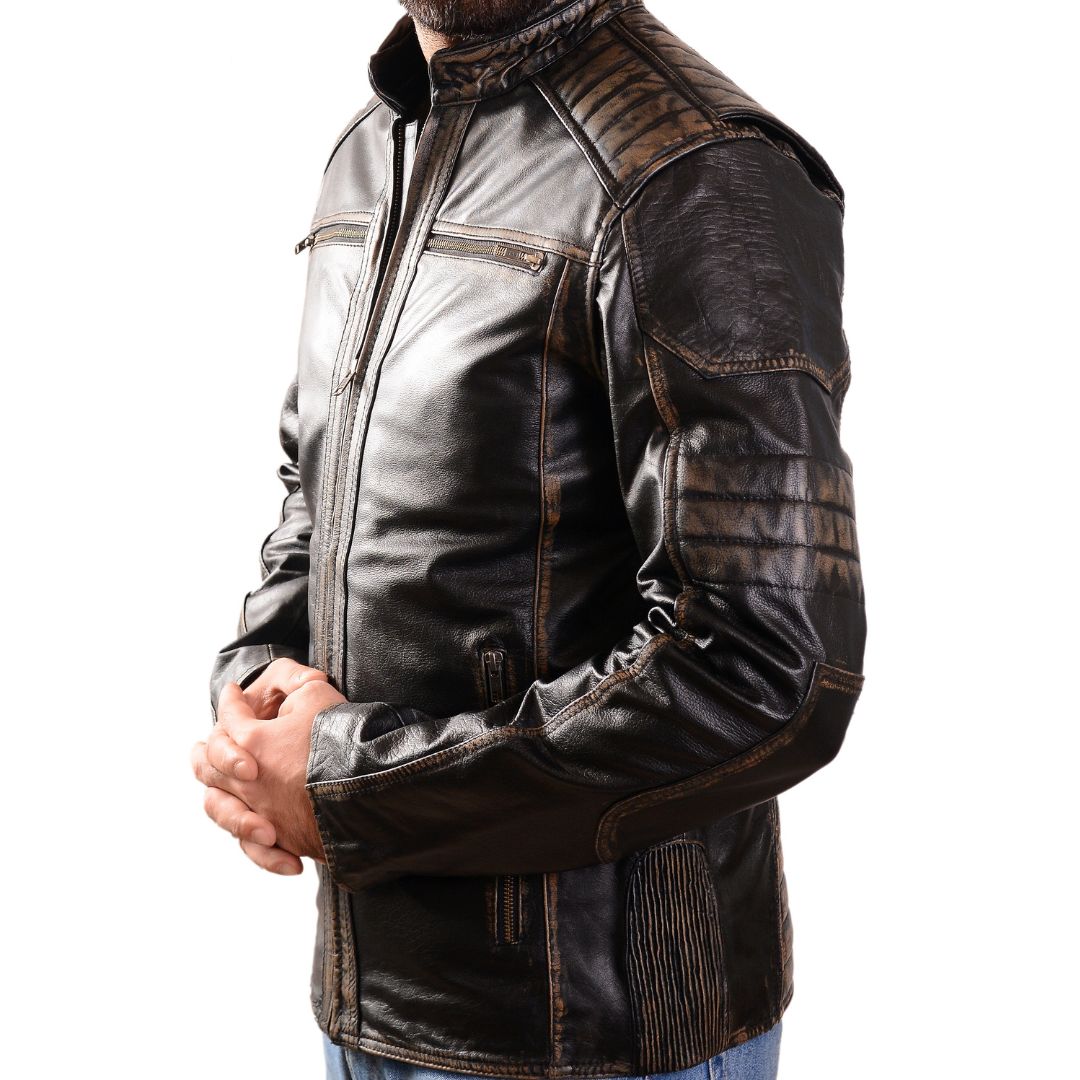 Men's Distressed Leather Biker Jacket with Quilted Panels & Embossed Skull