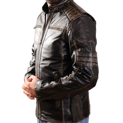 Men's Distressed Leather Biker Jacket with Quilted Panels & Embossed Skull