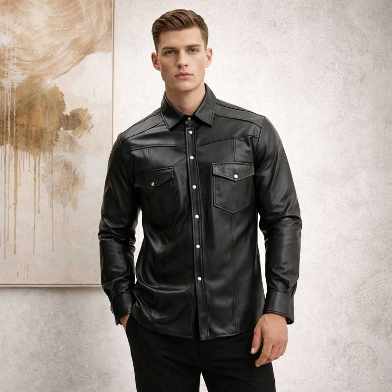 Men’s Slim Fit Lambskin Leather Button-Up Shirt in Multiple Colors