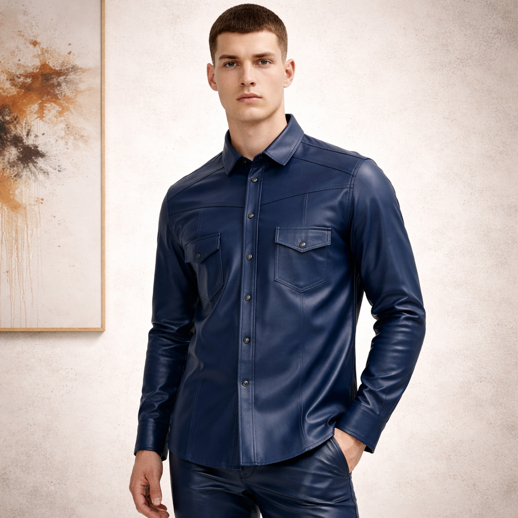 Men’s Slim Fit Lambskin Leather Button-Up Shirt in Multiple Colors