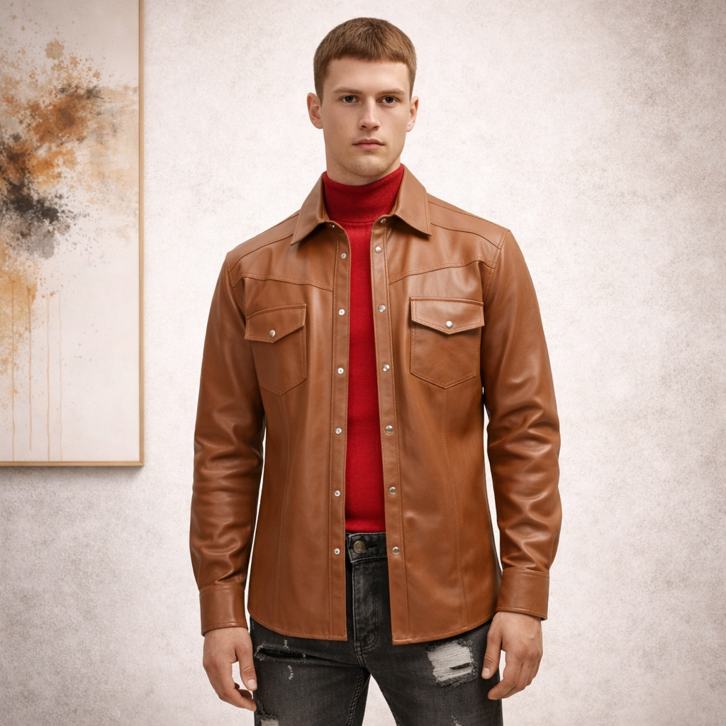 Men’s Slim Fit Lambskin Leather Button-Up Shirt in Multiple Colors