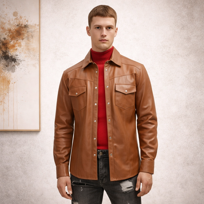 Men’s Slim Fit Lambskin Leather Button-Up Shirt in Multiple Colors