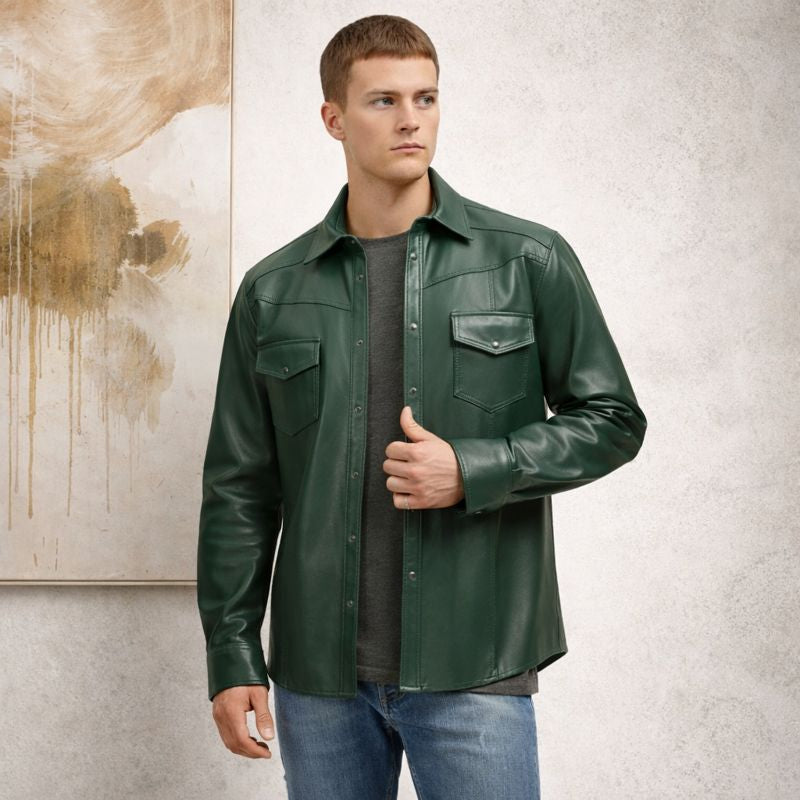 Men’s Slim Fit Lambskin Leather Button-Up Shirt in Multiple Colors