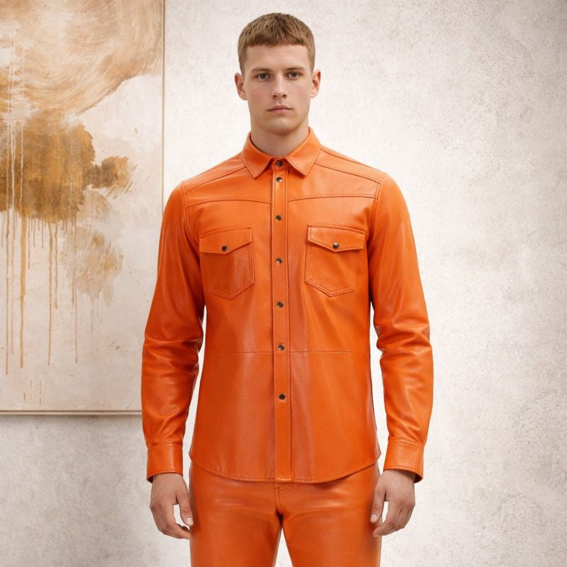 Men’s Slim Fit Lambskin Leather Button-Up Shirt in Multiple Colors