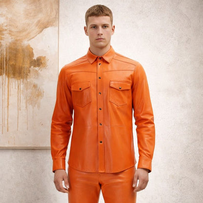 Men’s Slim Fit Lambskin Leather Button-Up Shirt in Multiple Colors