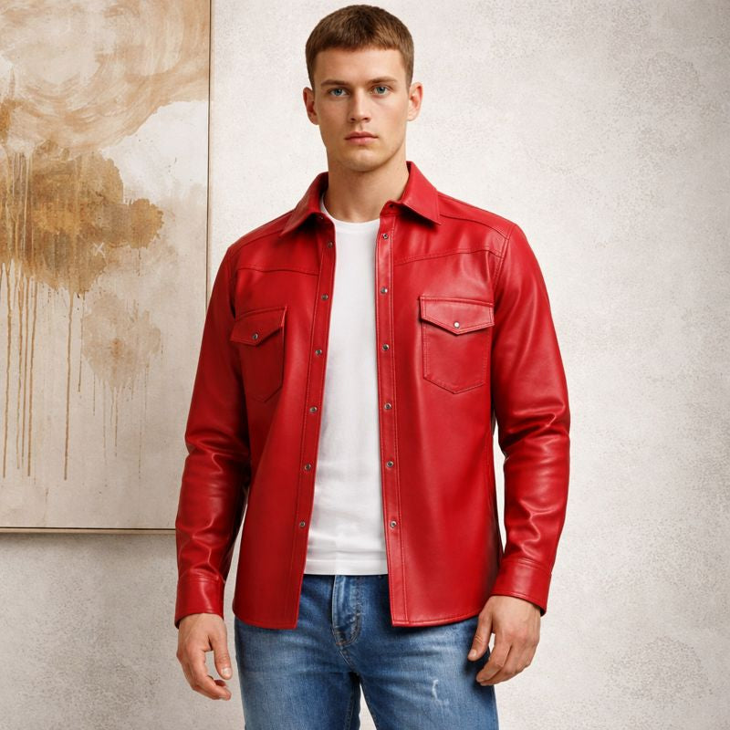 Men’s Slim Fit Lambskin Leather Button-Up Shirt in Multiple Colors
