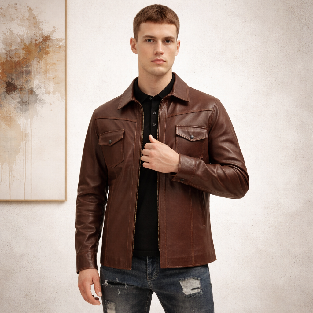 Men’s Slim Fit Lambskin Leather Button-Up Shirt in Multiple Colors