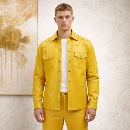 Men’s Slim Fit Lambskin Leather Button-Up Shirt in Multiple Colors