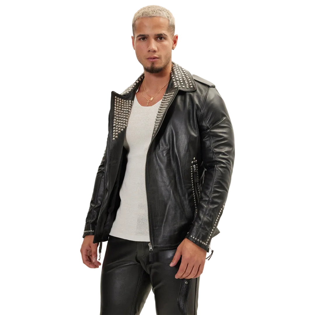 Men’s Silver Studded Cowhide Leather Biker Jacket – Brando Style