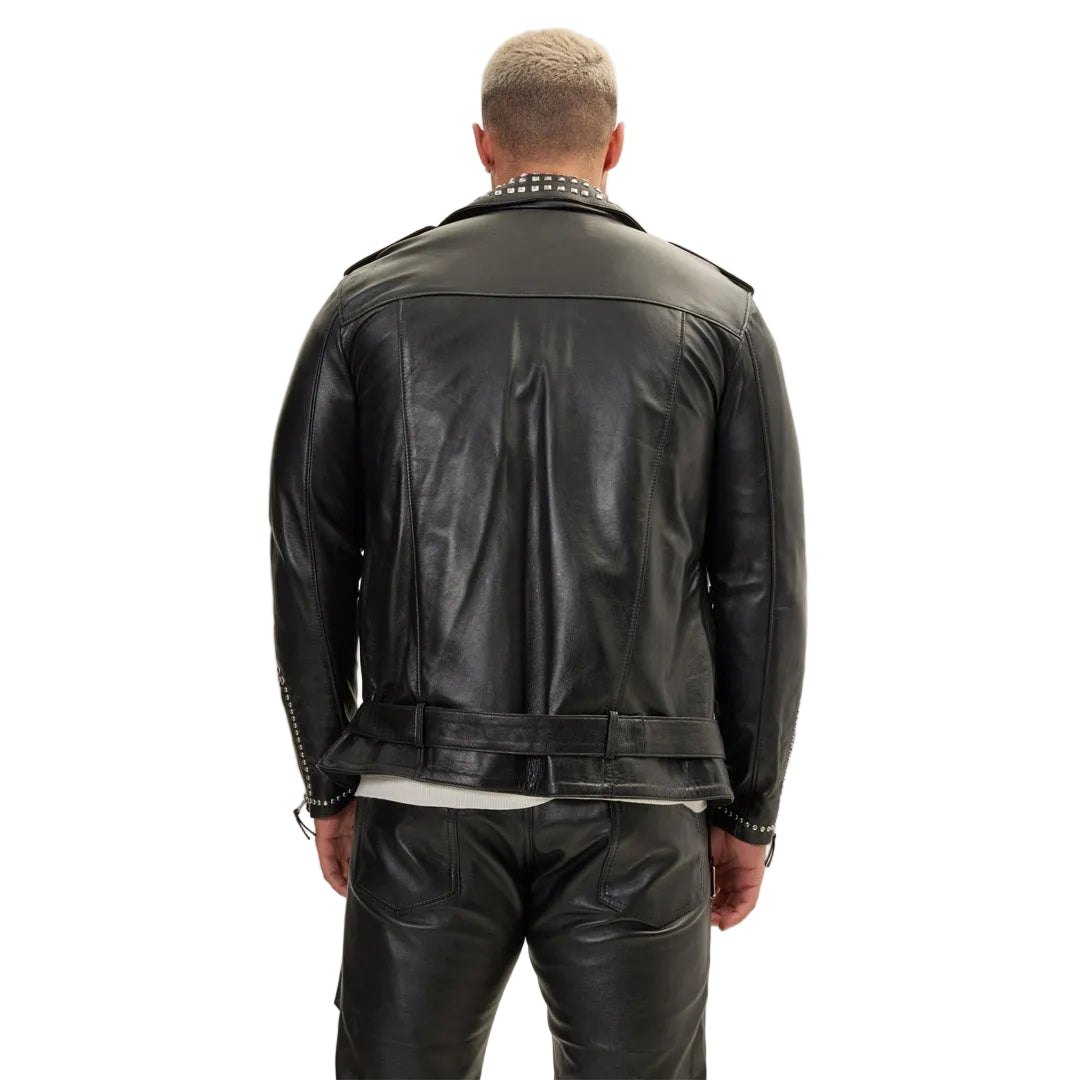 Men’s Silver Studded Cowhide Leather Biker Jacket – Brando Style