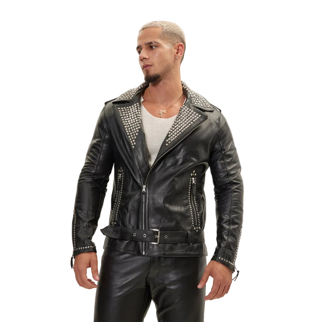Men’s Silver Studded Cowhide Leather Biker Jacket – Brando Style