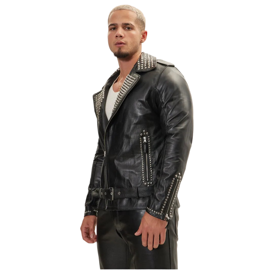 Men’s Silver Studded Cowhide Leather Biker Jacket – Brando Style