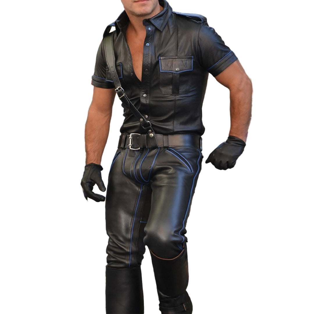 Men’s Leather Pants & Police Shirt with Blue Piping – Custom Fetish Uniform