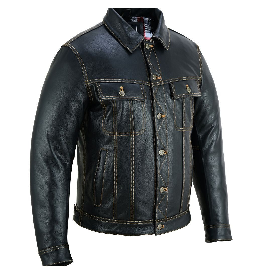 Men’s Cow Leather Trucker Jacket – Classic Levi’s Style, Contrast Stitching