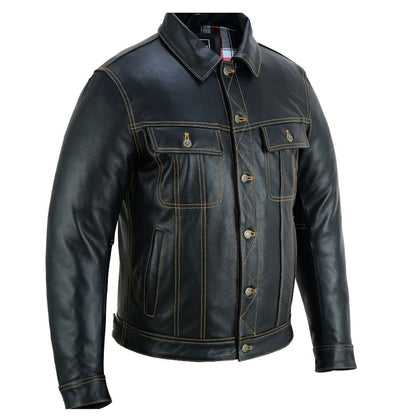 Men’s Cow Leather Trucker Jacket – Classic Levi’s Style, Contrast Stitching
