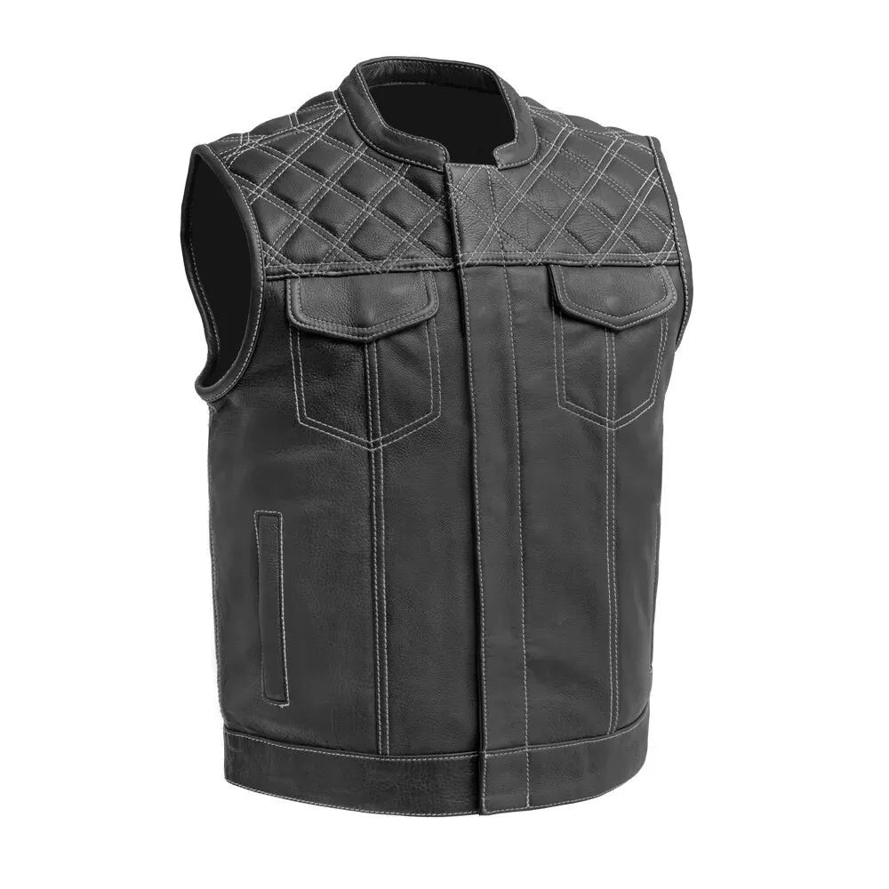 Men's Genuine Cowhide Leather Biker Vest with Contrast Stitch Detailing