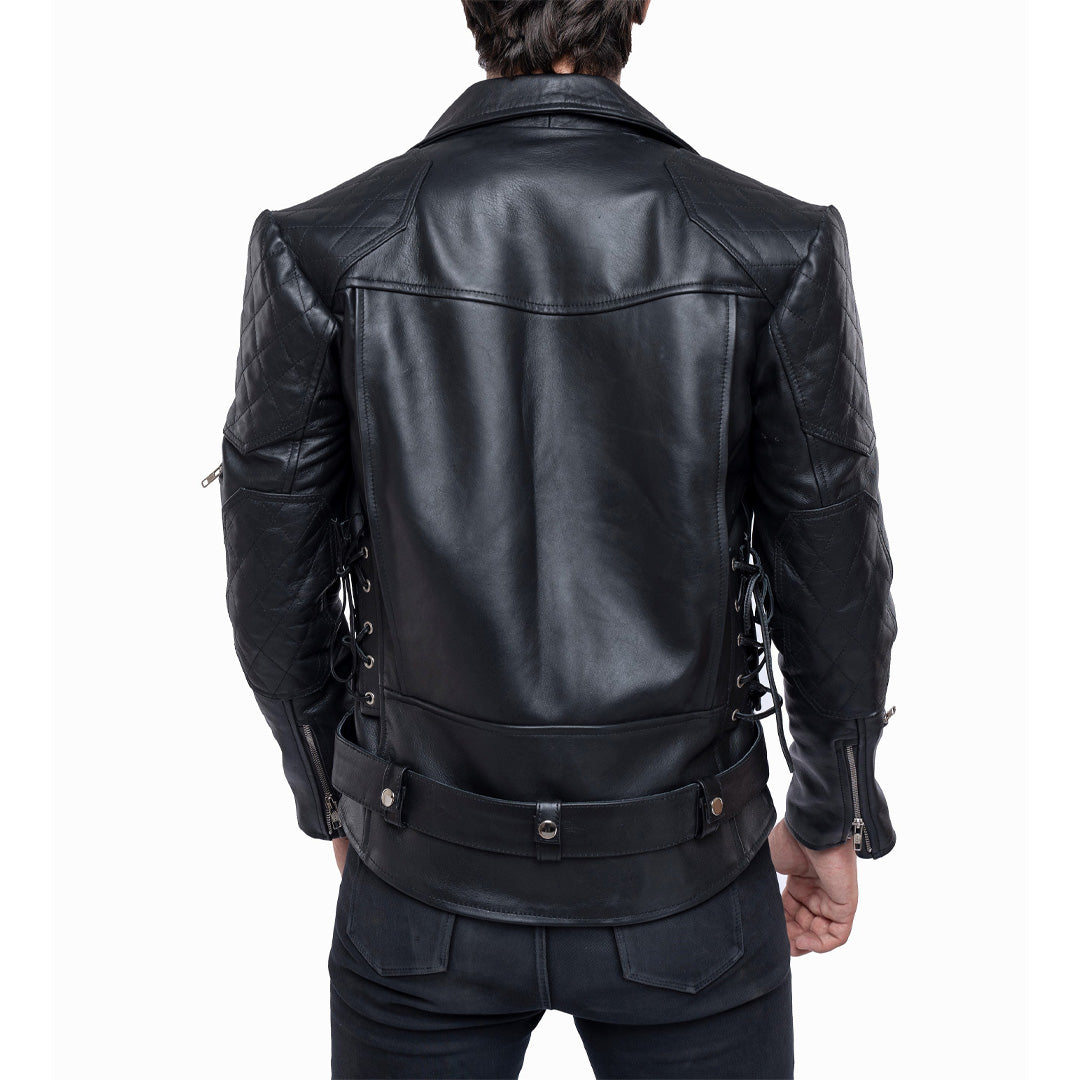 Men's Brando Biker Jacket in Real Cowhide with Quilted Panels & Side Laces