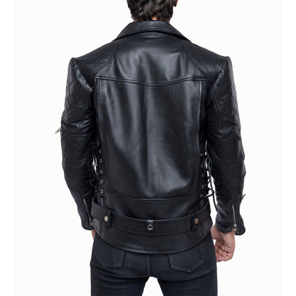 Men's Brando Biker Jacket in Real Cowhide with Quilted Panels & Side Laces