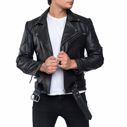 Men's Brando Biker Jacket in Real Cowhide with Quilted Panels & Side Laces