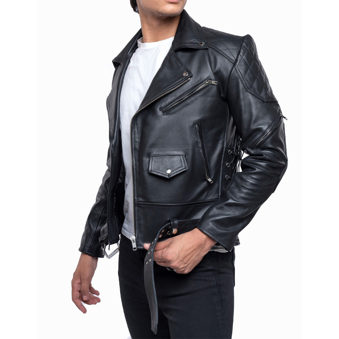 Men's Brando Biker Jacket in Real Cowhide with Quilted Panels & Side Laces