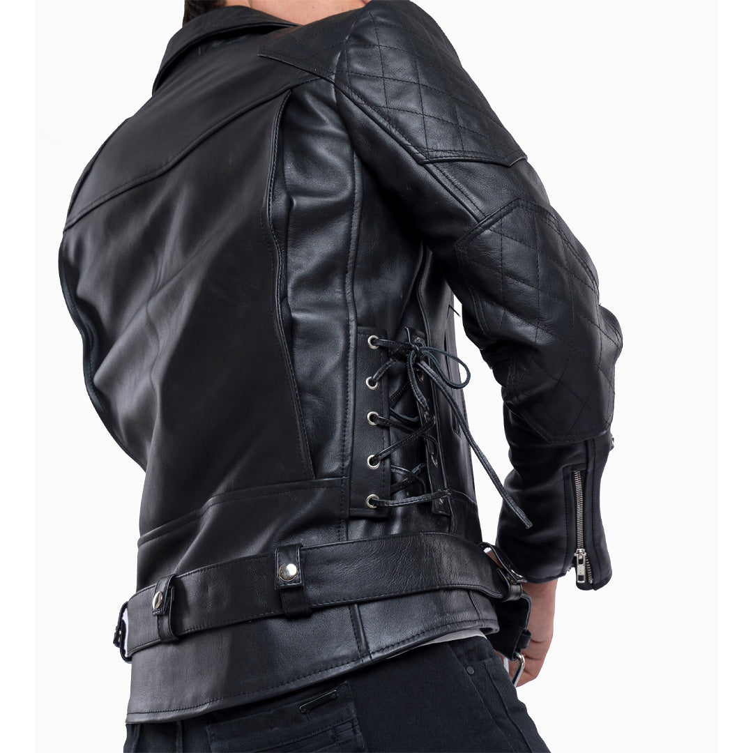 Men's Brando Biker Jacket in Real Cowhide with Quilted Panels & Side Laces