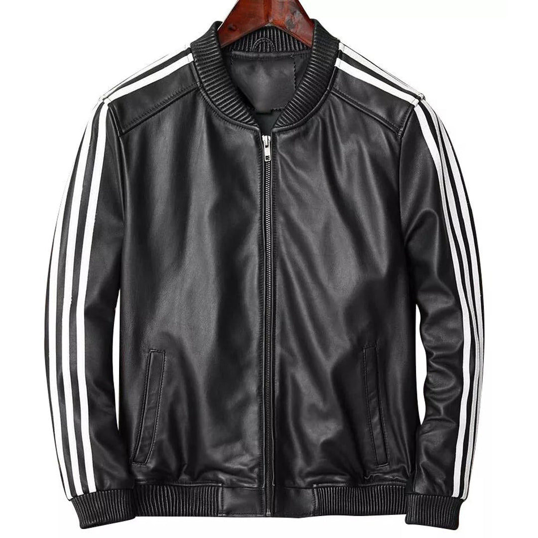 Men’s Lamb Leather Bomber Jacket – White Stripe Sleeve, Stretch Fit